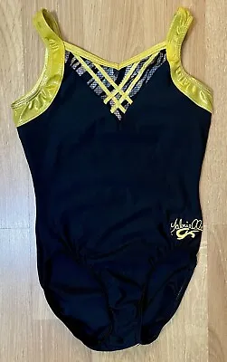 GK Elite Gabby Douglas Leotard AS/Adult Small Black Yellow Foil Gymnastics Iowa • $19.99