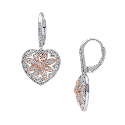 1/4Ct Natural Diamond Vintage Heart Drop Earrings Rose Rhodium Silver 925 • $804.23