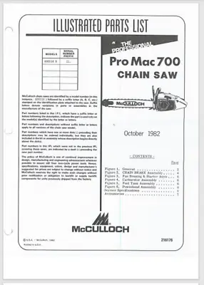 McCulloch Pro Mac 700 ChainSaw Illustrated Parts List 1982 Exploded Views 9 Pgs • $6.99