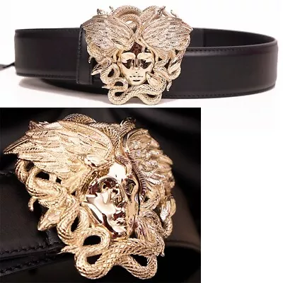 34/85 NEW $950 VERSACE Men's GOLD WINGED MEDUSA LARGE BUCKLE Black Leather BELT • $695