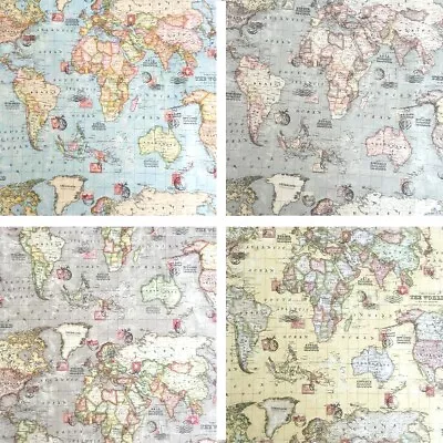 Cotton Rich Linen Look Fabric World Map Atlas Upholstery Curtain Panama • £4.50