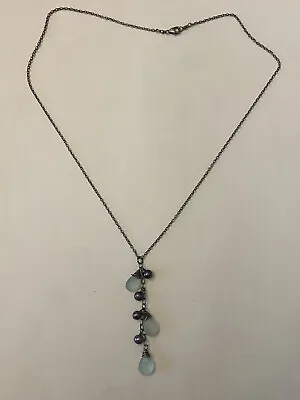 Stunning Vintage Sterling Silver Aventurine Purple Pearl Dangle Lariat Necklace • $12.99