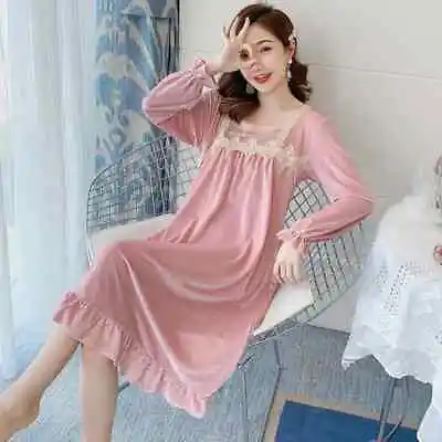 Women Velvet Sleepwear Velour Midi Nightdress Princess Nightgown Sleep Dress • $35.57