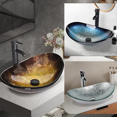 Countertop Sink Basin Set Tempered Glass Wash Bowl Waste Tap Cloakroom Bathroom • £59.99