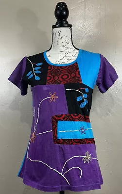 Rising International Women’s Patchwork T-shirt 100% Cotton Made In Nepal Size Sm • $12.50