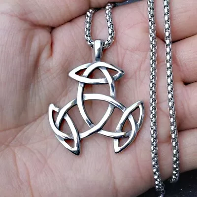 Silver Irish Celtic Triquetra Knot Pendant Necklace Men's Jewelry Chain 24  Gift • $11.99