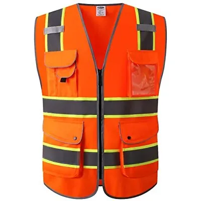 £25.99 • Buy 9 Pockets Class 2 Hi-Vis Zipper Front Safety Vest With Fluorescent Vest