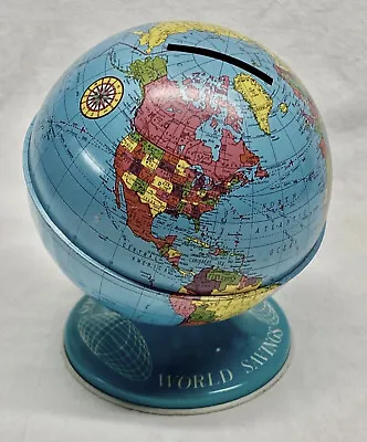 Vintage Globe Bank Tin MADE IN USA The Ohio Art Co. World Savings • $14.99