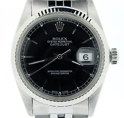 Mens Rolex Datejust Stainless Steel Watch 18K White Gold Bezel Black Dial 16014 • $4913.98