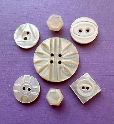 (7) Vintage White Carved Mother Of Pearl Buttons - Assorted Shapes & Designs • $6.50