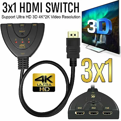 £6.99 • Buy 3 Port HDMI Multi Display Auto Switch Hub 4K Splitter 1080P Cable HD TV Adapter