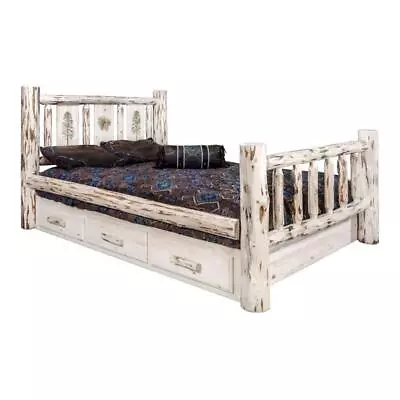 Montana Woodworks Wood Queen Storage Bed With Laser Engraved Pine In Natural • $2574.99