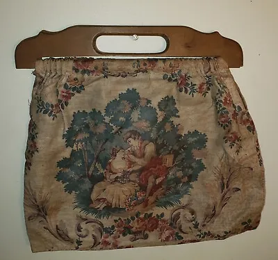 Vintage Knitting/Sewing Bag Material With 2 Person Scene & Flowers Wood Handles • $19.99