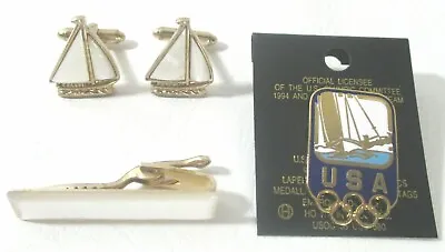 Cufflink Sailboat Ship Captain Tie Clip Set Mother Of Pearl With Olympic Pin • $40