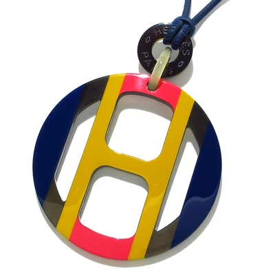 $883 • Buy Auth HERMES H Equipe - Navy Yellow Multi Buffalo Horn None Necklace