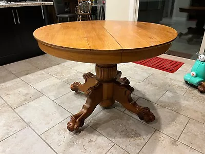 Antique Large Round Solid Oak Dining Table W/Hand Carved Lion Heads & Claw Feet • $399.99