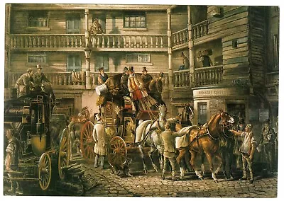 1980s Art Postcard Horse And Carriage At Galleried Coaching Inn 1846 Engraving • £2.75