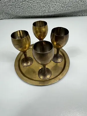 Vtg Lot 4 Solid Brass Wine Goblets Cups Glasses With Tray Plate Made In India • $39.99