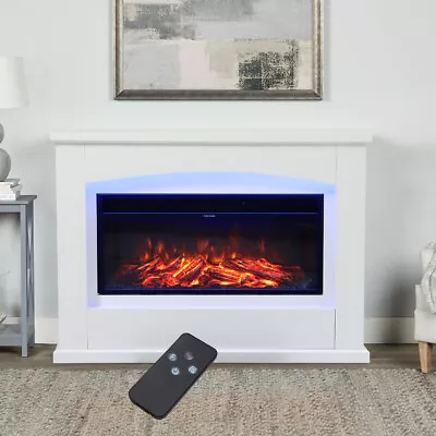 White Wood Mantel LED Flame Electric Fire Inset Fireplace Living Room Decorative • £125.95