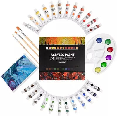  Premium Acrylic Paint Set 24 Colors (12M)-with 3 Brushes1 Canvas And 1 Palette • £10.99