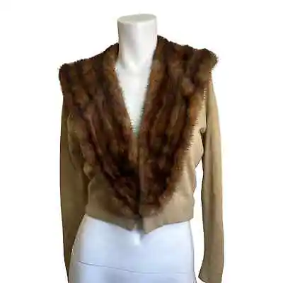 Vintage Bullock's Westwood Tan Sweater With Autumn Haze Mink Fur Trim Sz XS/S • $100