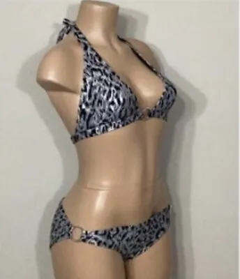 MICHAEL KORS Bikini Set Top Med/ Bottom Small Chain Ring Halter Snow Leopard New • $49