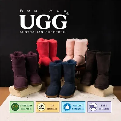$66 • Buy Ugg Real Aus 100% Australian Sheepskin Wool Women 9  Bailey Bow Boots Chestnut