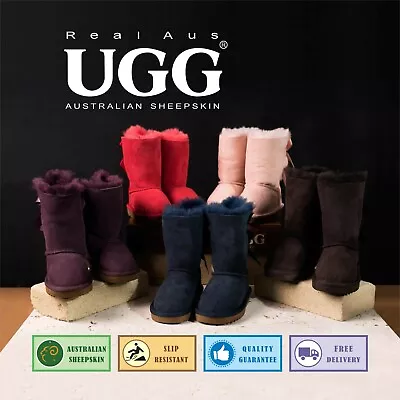 Ugg Real Aus 100% Australian Sheepskin Wool Women 9  Bailey Bow Boots Chestnut • $66