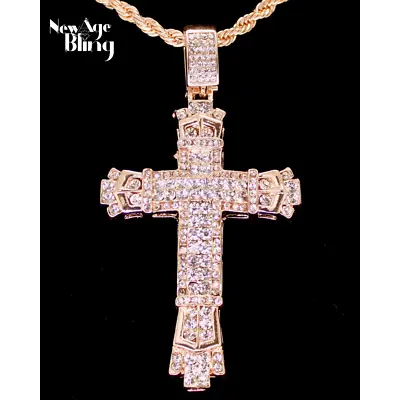 Mens Large CZ Cross Pendant Rose Gold Plated 22  Rope Hip Hop Necklace • $9.99