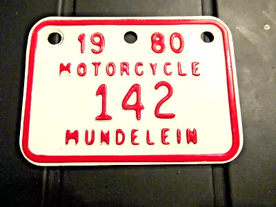 Vintage Motorcycle License Plate 1980 Mundelein Illinois Red & White Embossed • $22.49