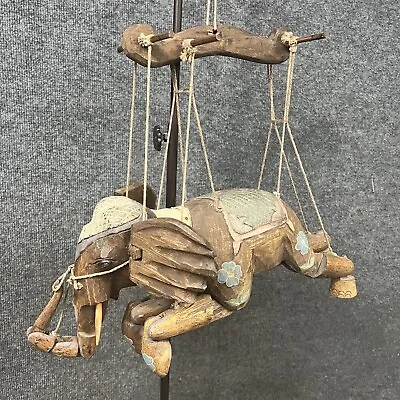 Large Vintage Hand-Carved Wooden Elephant 8  Tall Actuated Puppet Marionette • £96.41