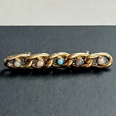 9ct Gold Chain Link Brooch Antique Edwardian Suffragette Opal & Turquoise Pin • £130
