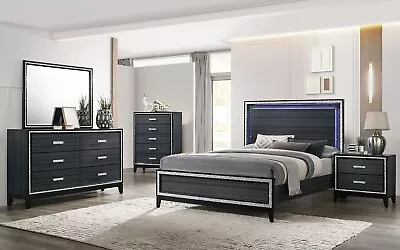 SPECIAL Modern Black Finish 5 Piece Lighted King Queen Bedroom Set Furniture ABI • $1645.85