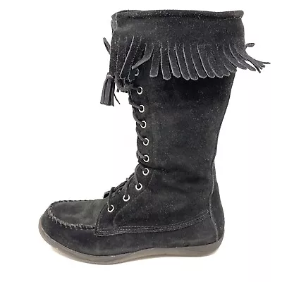 L.L. Bean Moccasin Boot Sherpa Lined Black Suede Laced Up Fringe Womens Sz 7.5 M • $34.99