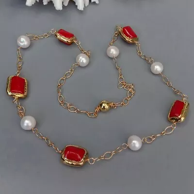 Freshwater Cultured White Pearl Red Coral Station Long Necklace 30  • $18.99