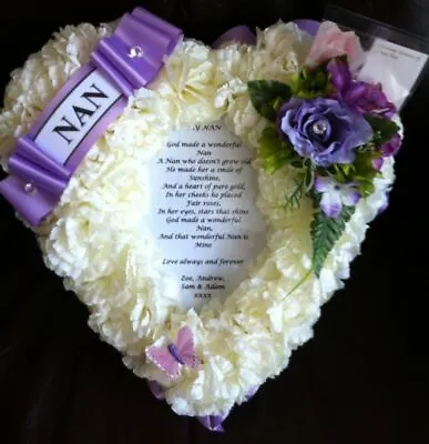 Artificial Silk Funeral Flower Heart Poem Photo Tribute Floral Arrangement Nan • £33