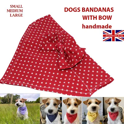 £4.50 • Buy New Dog BANDANA With Bow Tie BOWTIE Slide On Collar Scarf RED Navy DOTS Handmade
