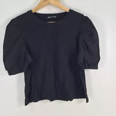 Zara Womens Top Size M Aus 10 Black Short Sleeve Cotton Round Neck 078169 • $19.95