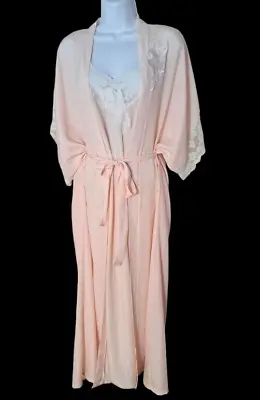 Vintage Peignoir Set Chiffon Silky Dreamtime Gown & Robe Peach Lace • $29.99