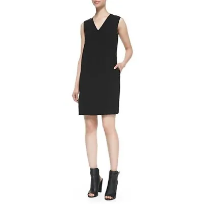 NEW Vince Black Dress W Leather Trim V Neck Sleeveless Sz 8 NWOT • $69.99