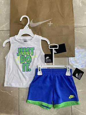 *BNWT* Nike Just Do It 12 Months Tank Shorts Set White/Blue/Green Infants Mesh • £12.49