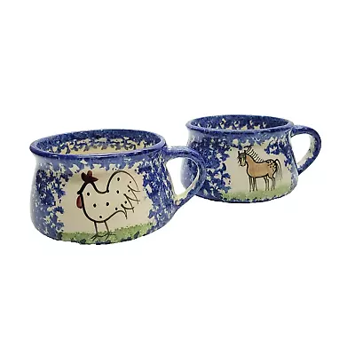 Molly Dallas Bowls Spatterware Soup Chili Mugs Set Of Two Horse Chicken • $24.88