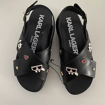 KARL LAGERFELD Women’s Black Buckle Sandals With Logo Charms Size 7.5 Shoes NEW • $78