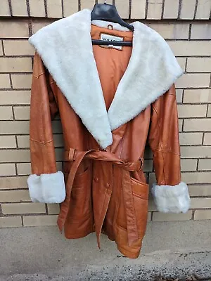 Vintage Wilsons Leather Womens Medium Jacket Coat Double Breasted Belt Faux Fur • $69