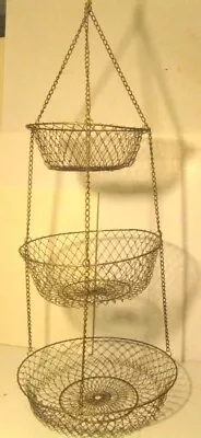 Vintage 3 Tier Wire Mesh Metal Hanging Fruit Basket Collapsible Gold Retro. 36” • $14.95