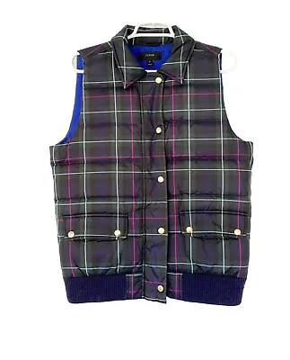 J.CREW Puffer Vest Size M Blue Green Red Plaid Down Filled Gold Snaps • $25