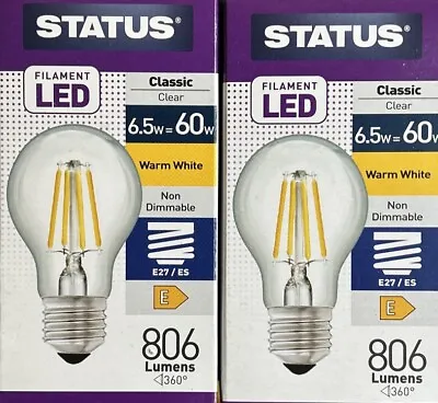 2 X 60w Clear Filament Edison Screw Light Bulbs = 6.5w Watt LED Warm White Lamps • £6.99