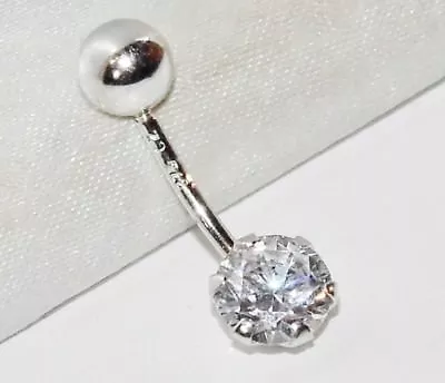 Solid 9ct White Gold NEW Belly Bar With Simulated Diamond Solitaire • £43.95