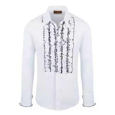 Chenaski White/Black Ruffle Ruche Frill Dinner Tuxedo Retro 70s Shirt • $57.95