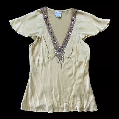 VTG Y2K Coquette Tracy Reese Women’s Sz 8 Small Gold Silk Beaded Embellished Top • $23